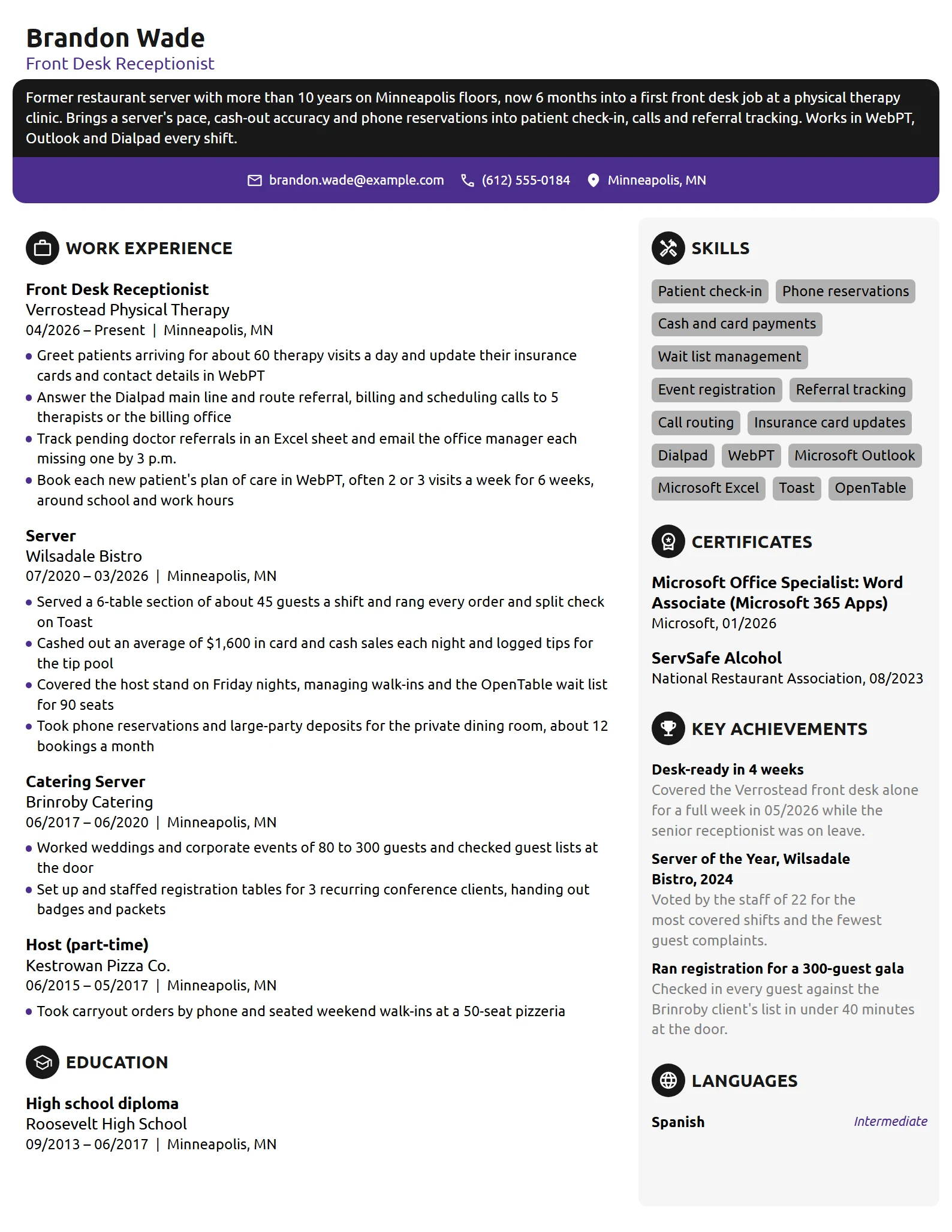 Career Change Front Desk Receptionist resume example
