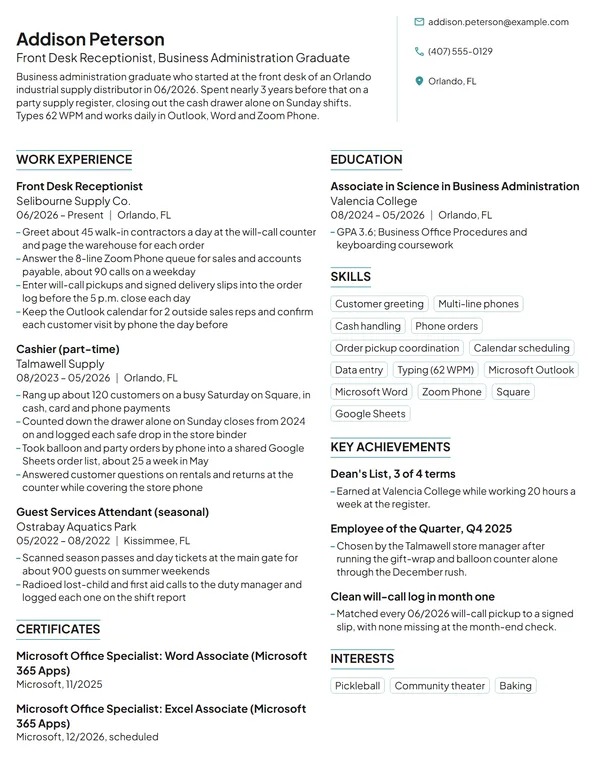 Entry-Level Front Desk Receptionist resume example