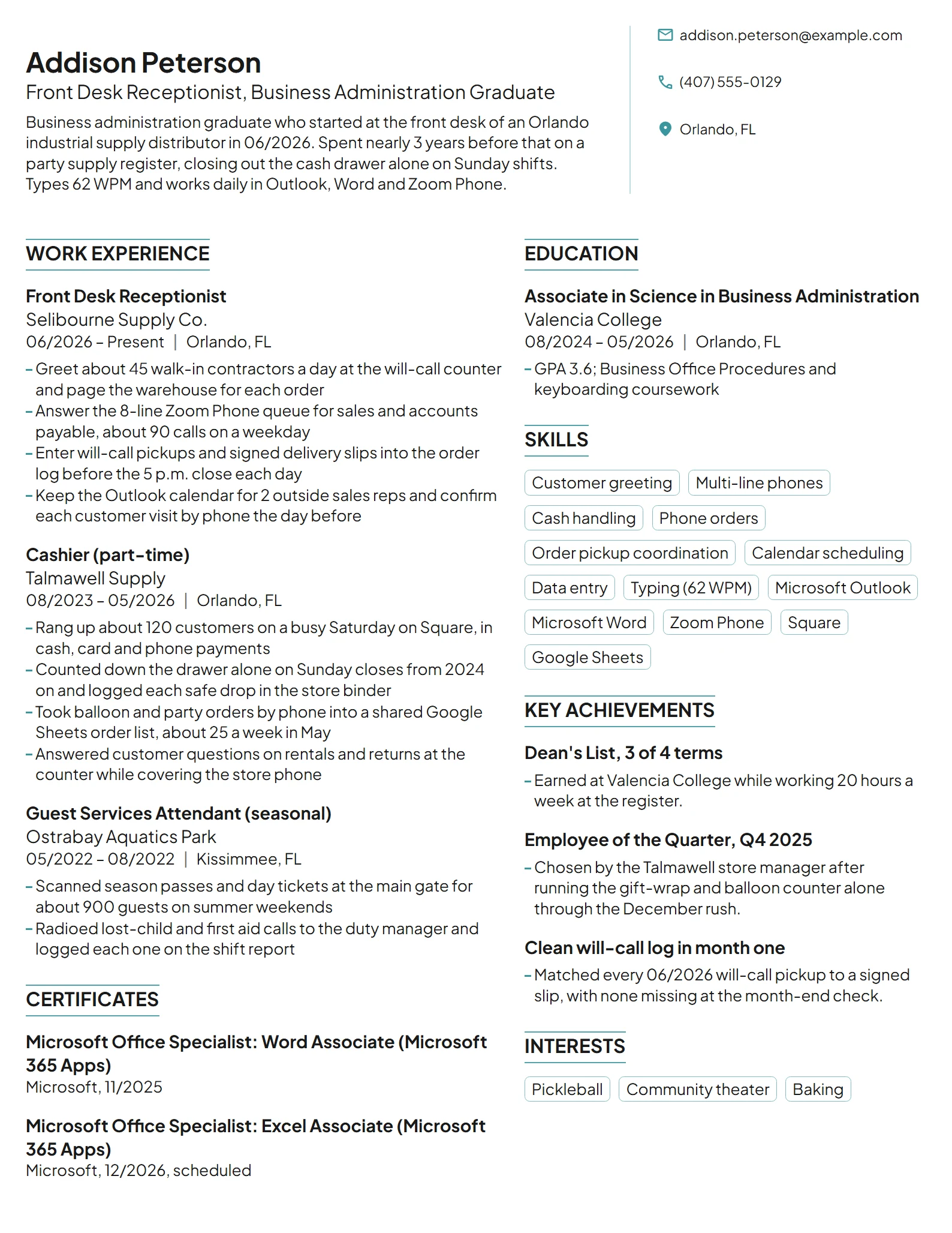 Entry-Level Front Desk Receptionist resume example