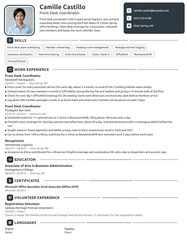 Front Desk Coordinator resume example