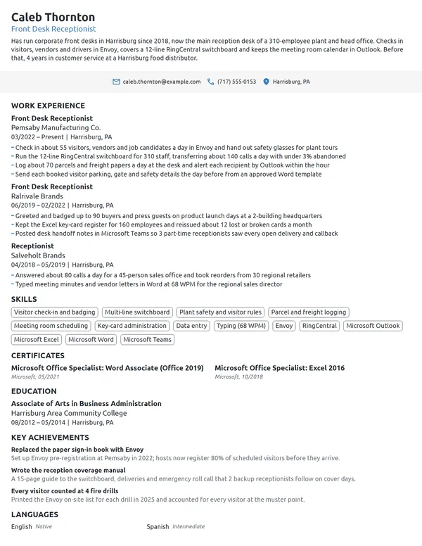 Front Desk Receptionist resume example