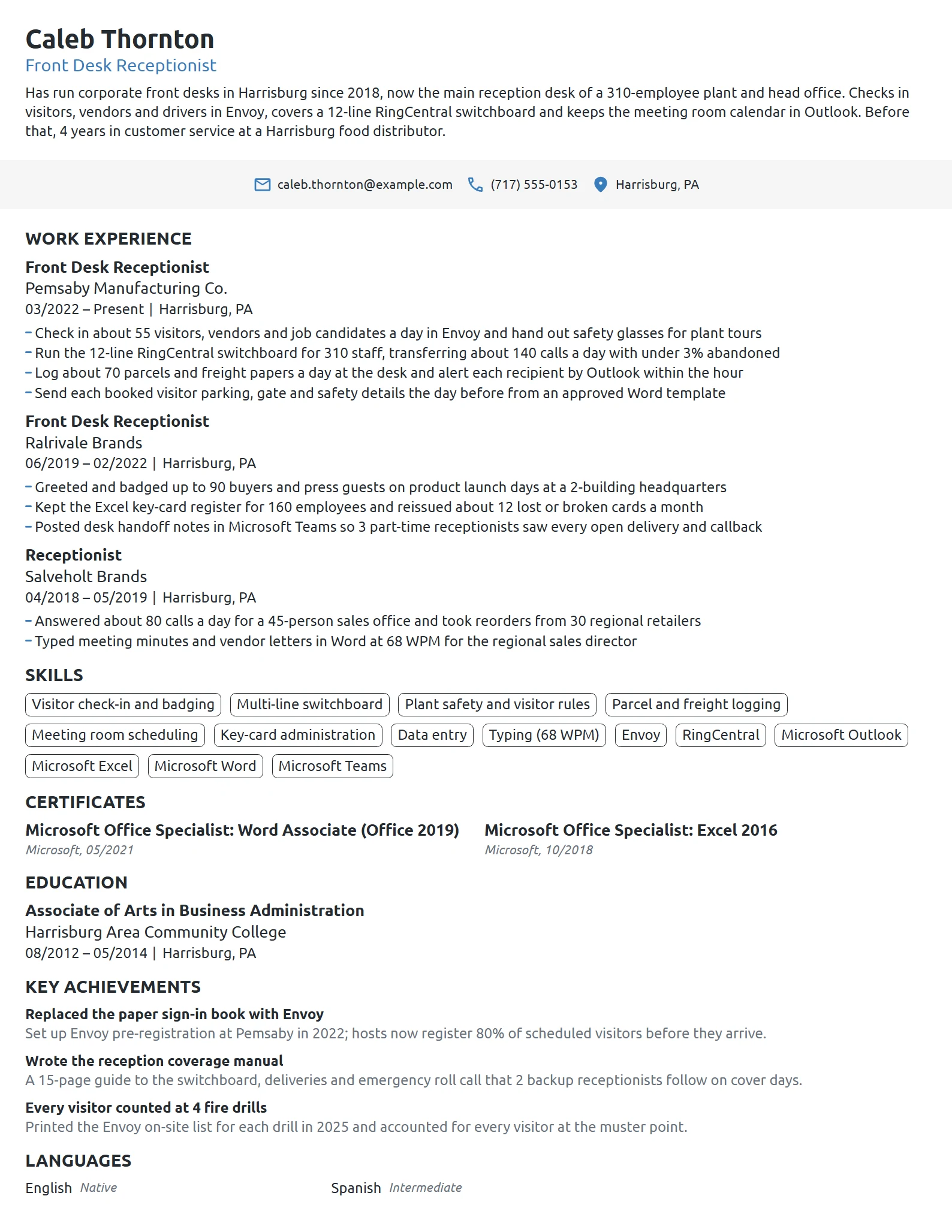 Front Desk Receptionist resume example