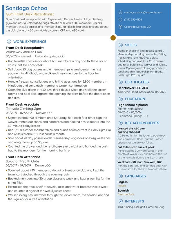 Gym Front Desk Receptionist resume example