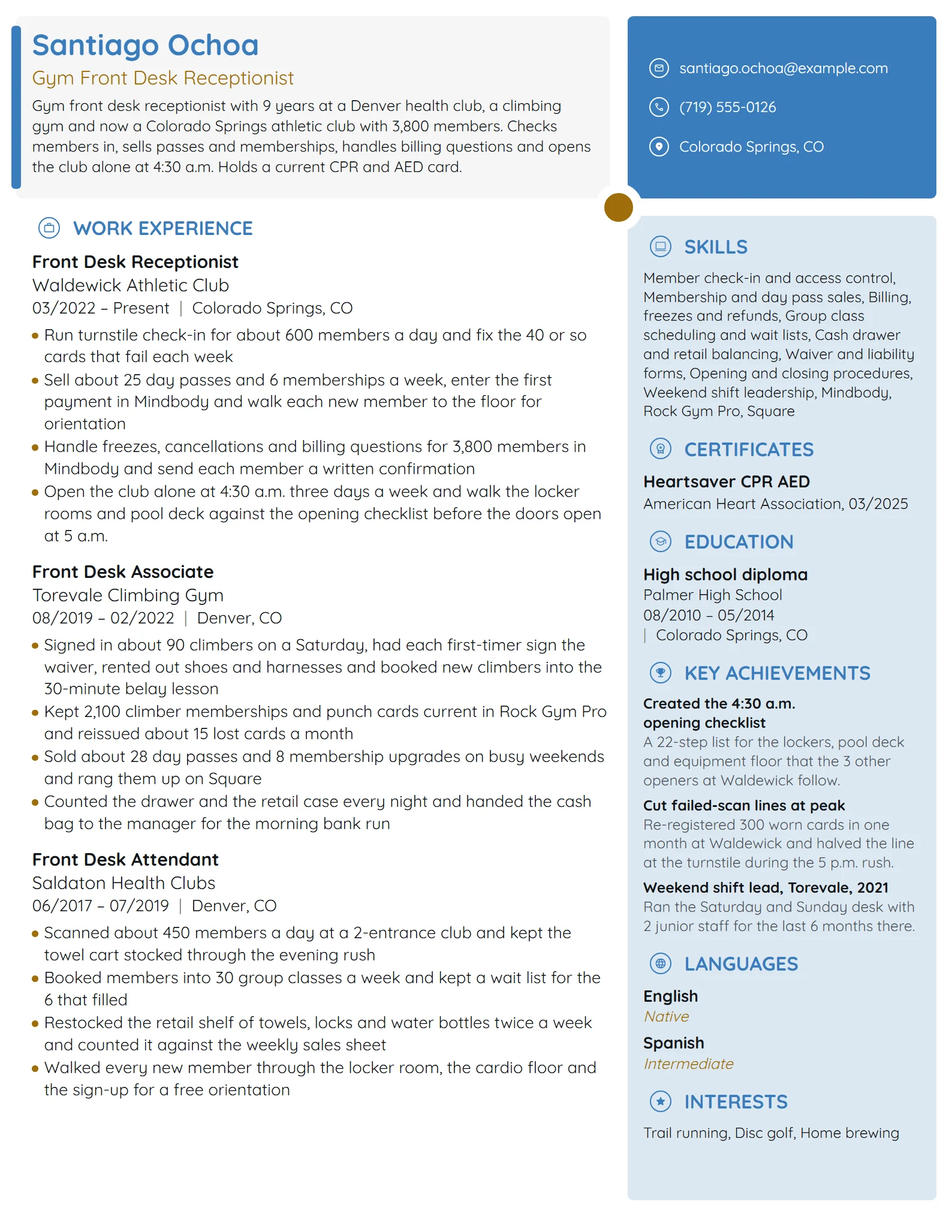 Gym Front Desk Receptionist resume example