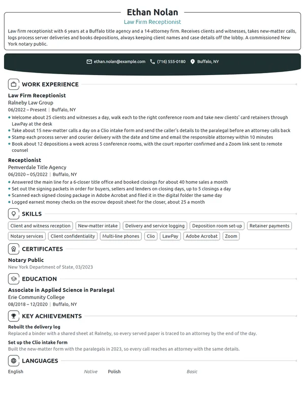 Law Firm Receptionist resume example