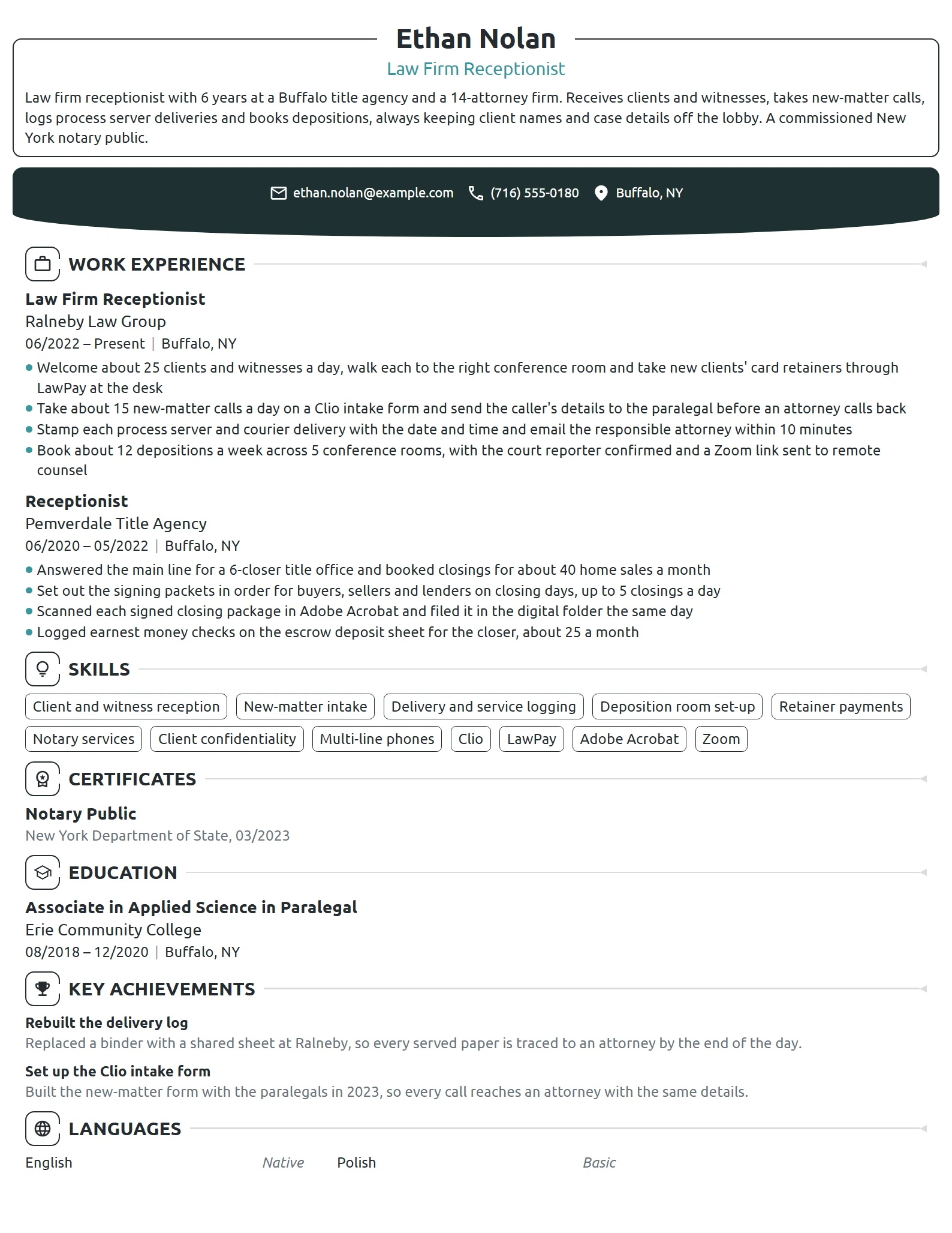 Law Firm Receptionist resume example