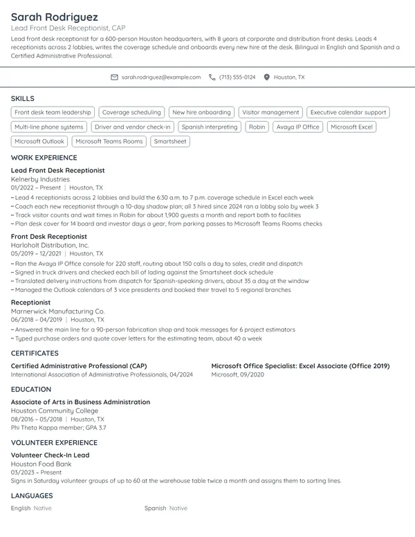 Lead Front Desk Receptionist resume example