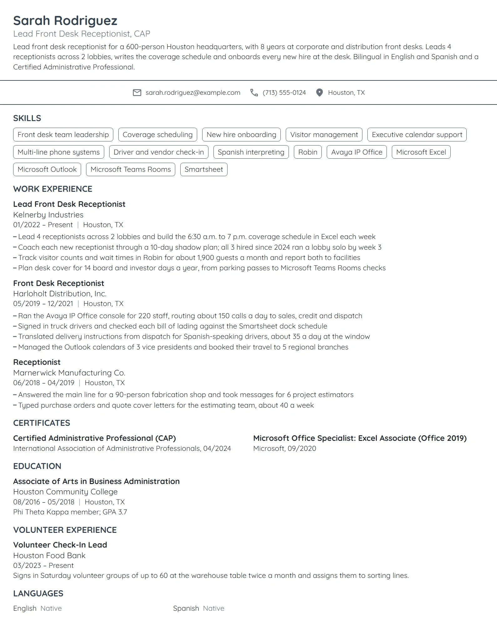 Lead Front Desk Receptionist resume example
