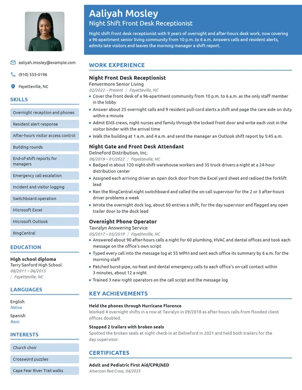 Night Shift Front Desk Receptionist resume example