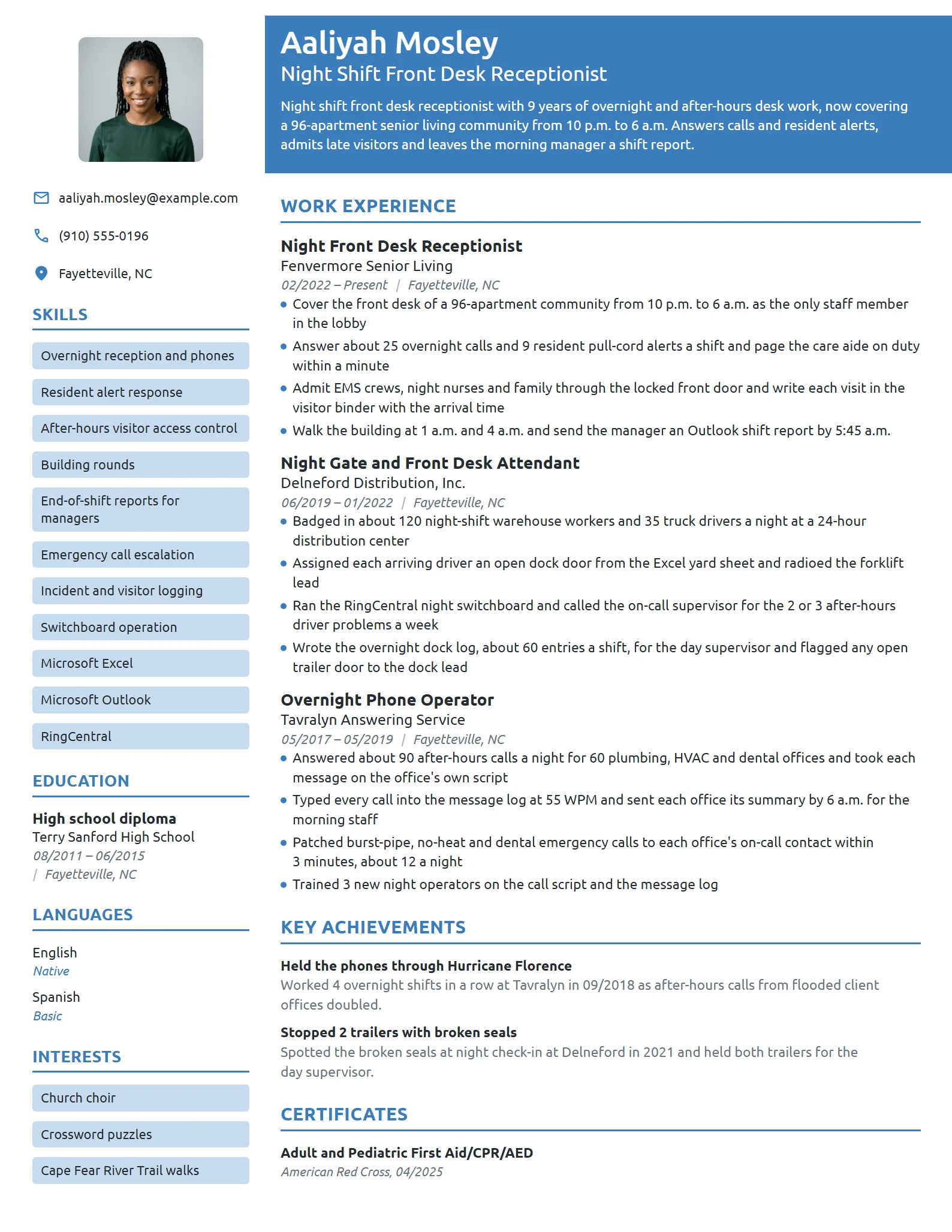 Night Shift Front Desk Receptionist resume example