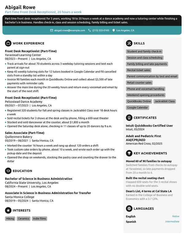 Part-Time Front Desk Receptionist resume example