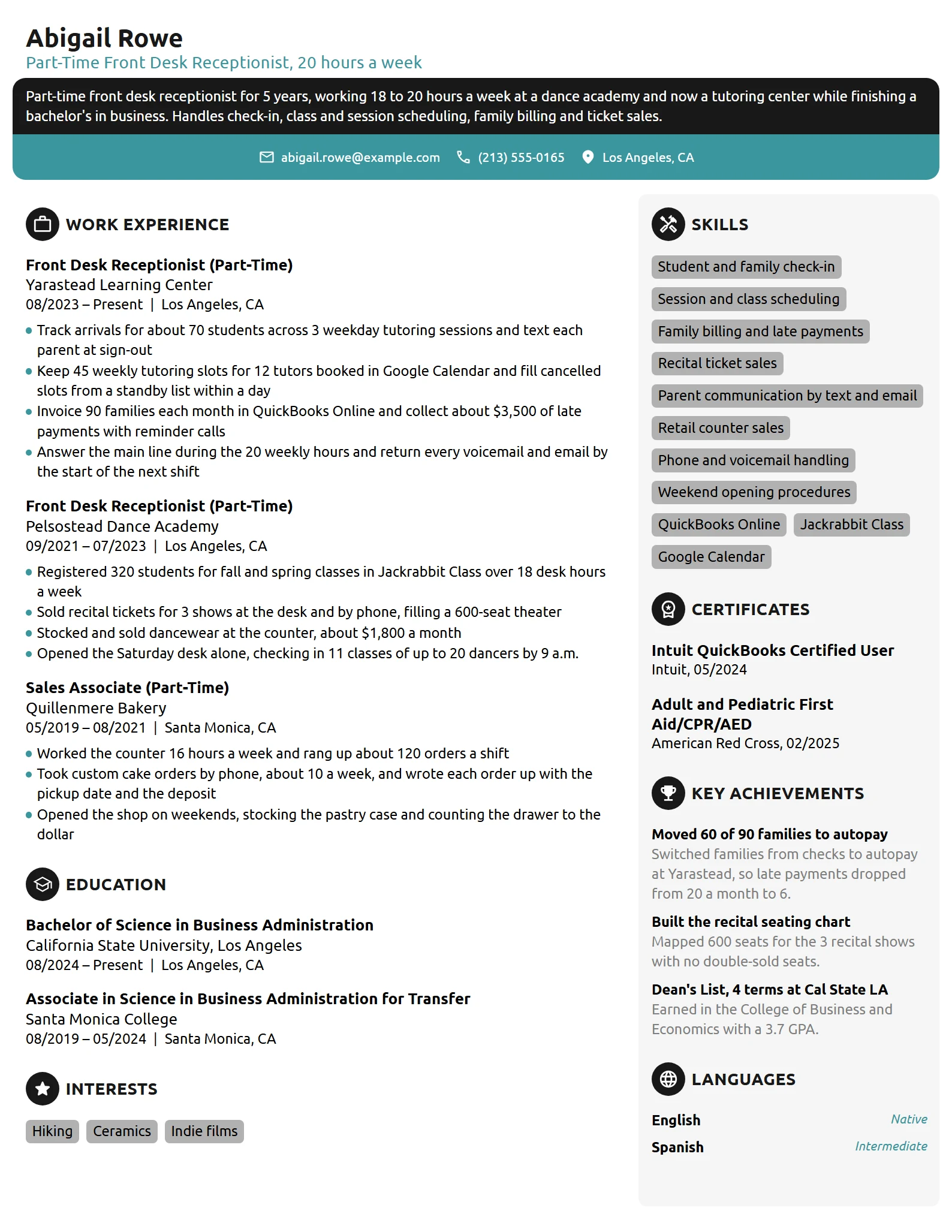 Part-Time Front Desk Receptionist resume example