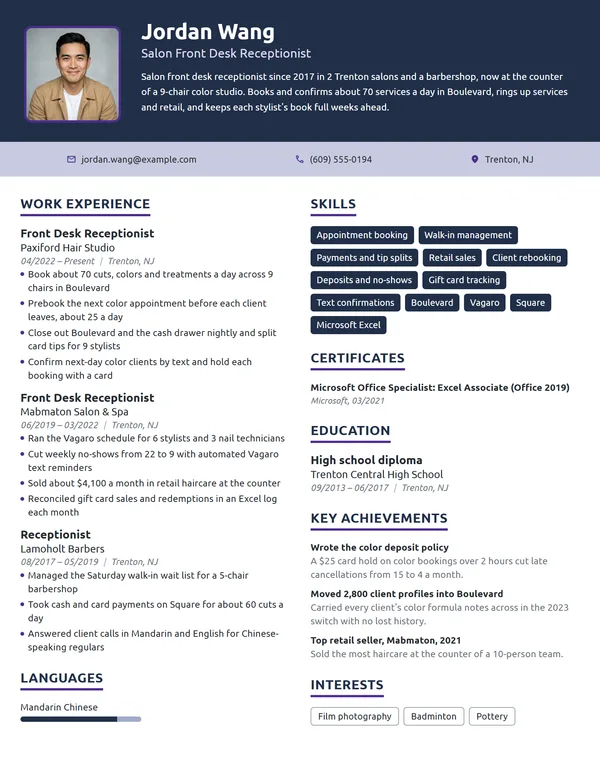 Salon Front Desk Receptionist resume example