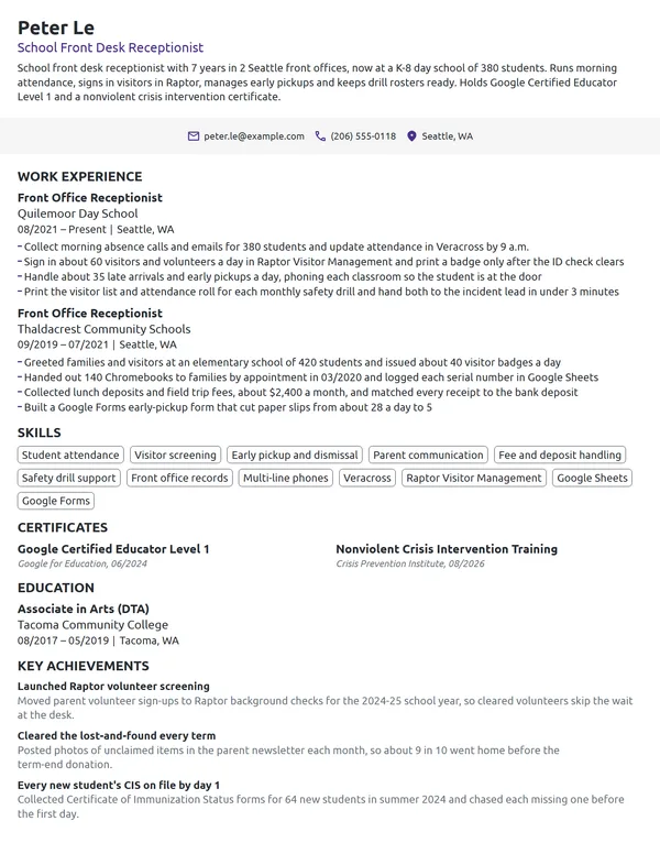 School Front Desk Receptionist resume example