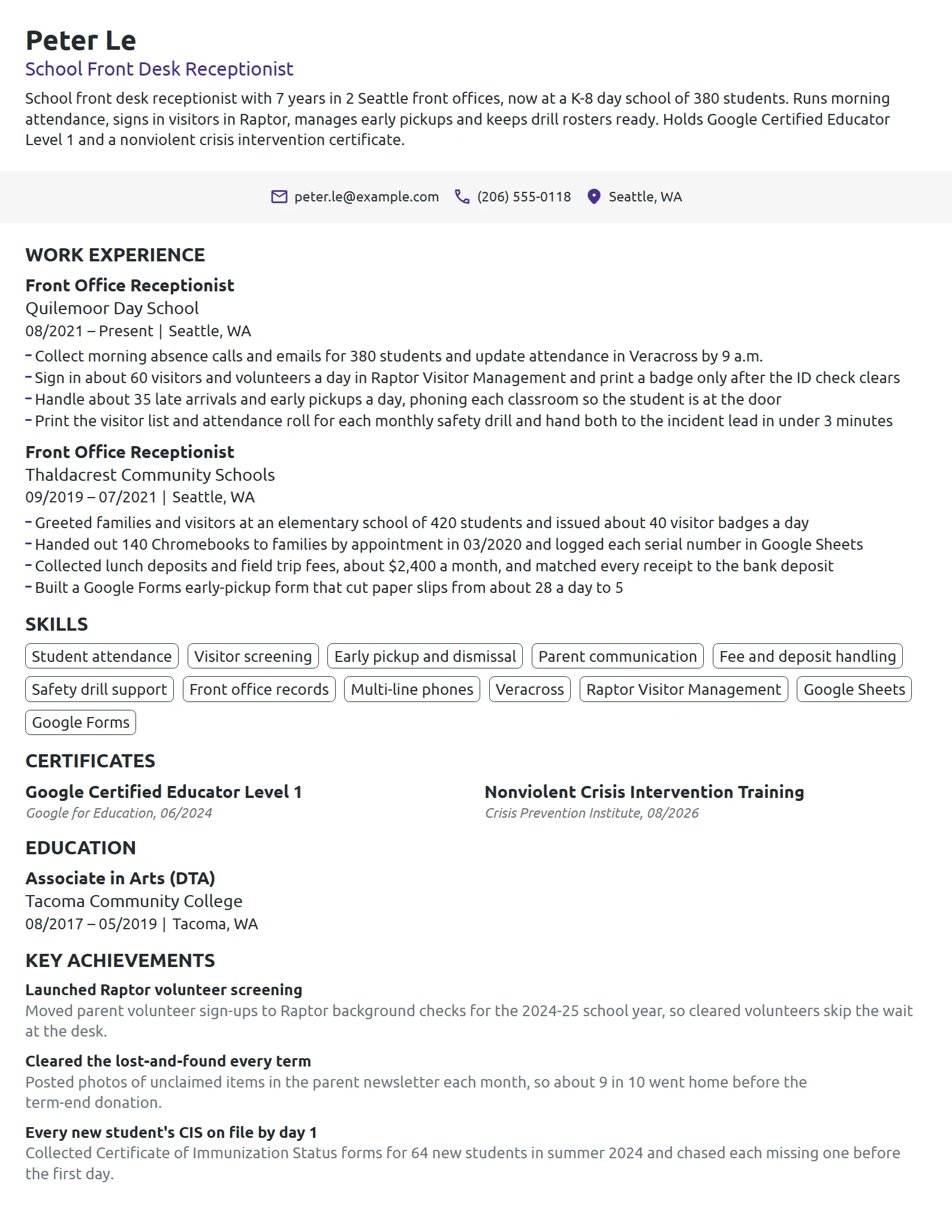 School Front Desk Receptionist resume example