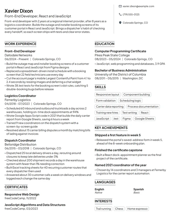 Career Change Front-End Developer resume example