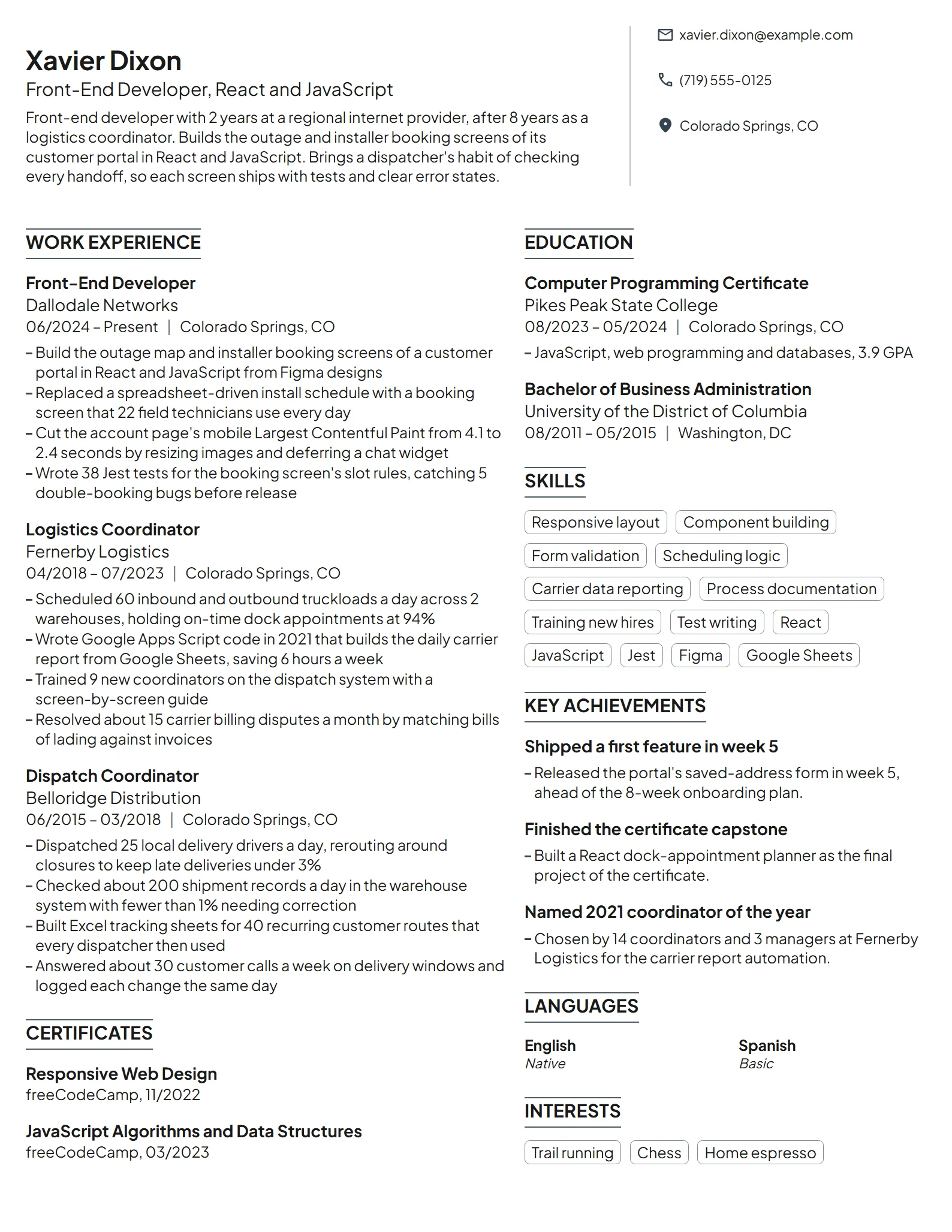 Career Change Front-End Developer resume example