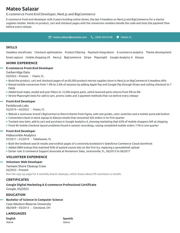 E-commerce Front-End Developer resume example