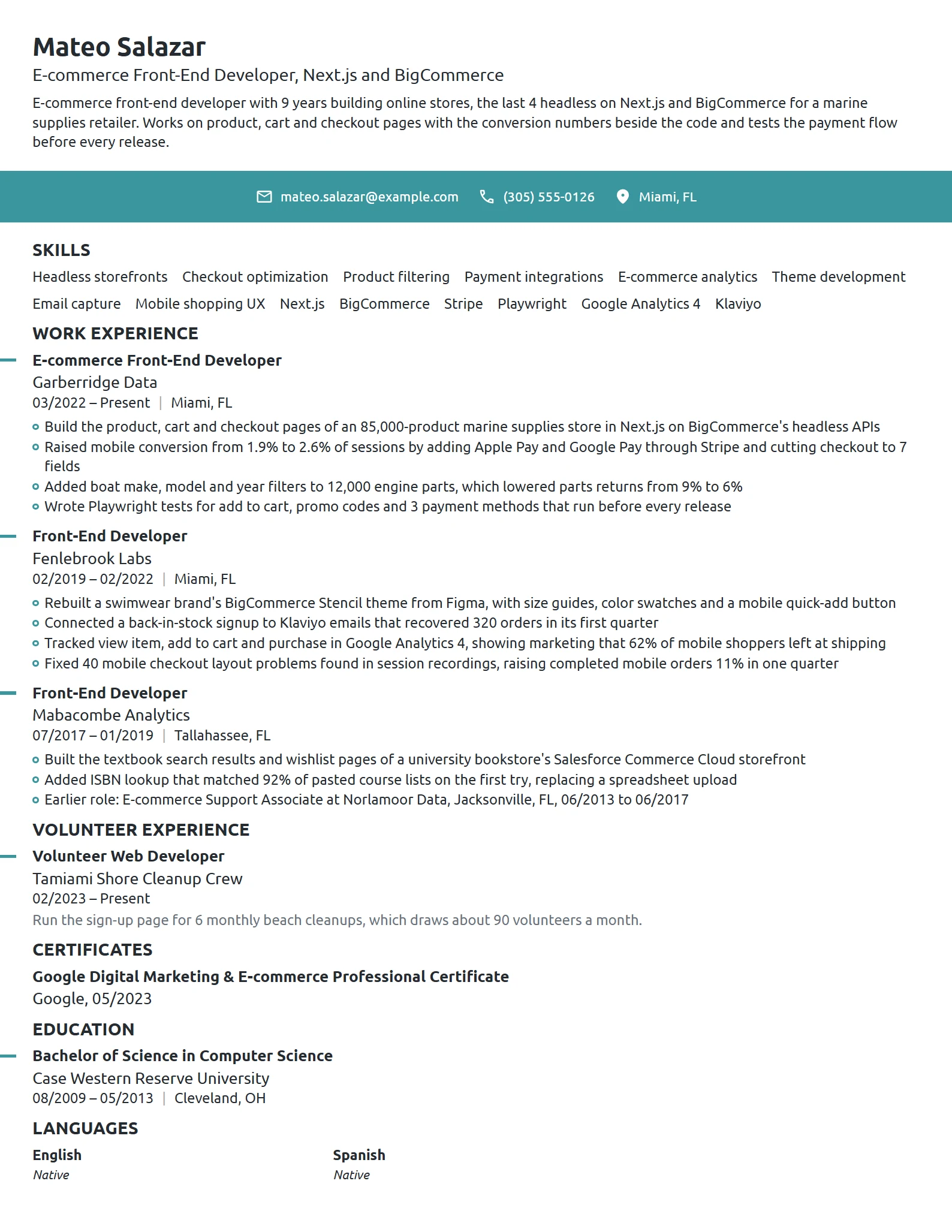 E-commerce Front-End Developer resume example