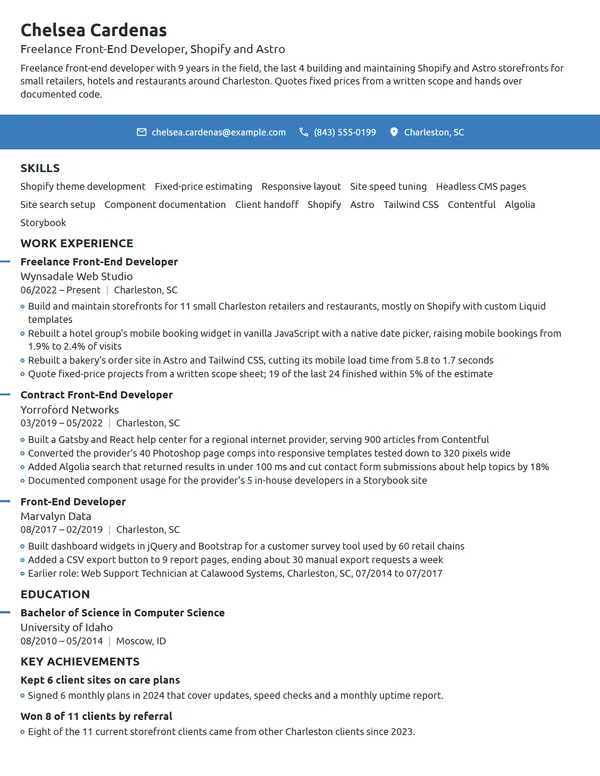 Freelance Front-End Developer resume example