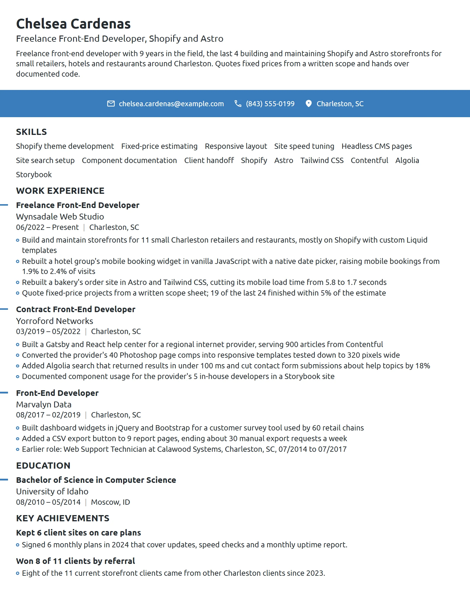 Freelance Front-End Developer resume example