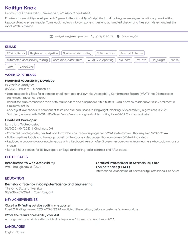 Front-End Accessibility Developer resume example