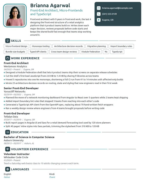 Front-End Architect resume example