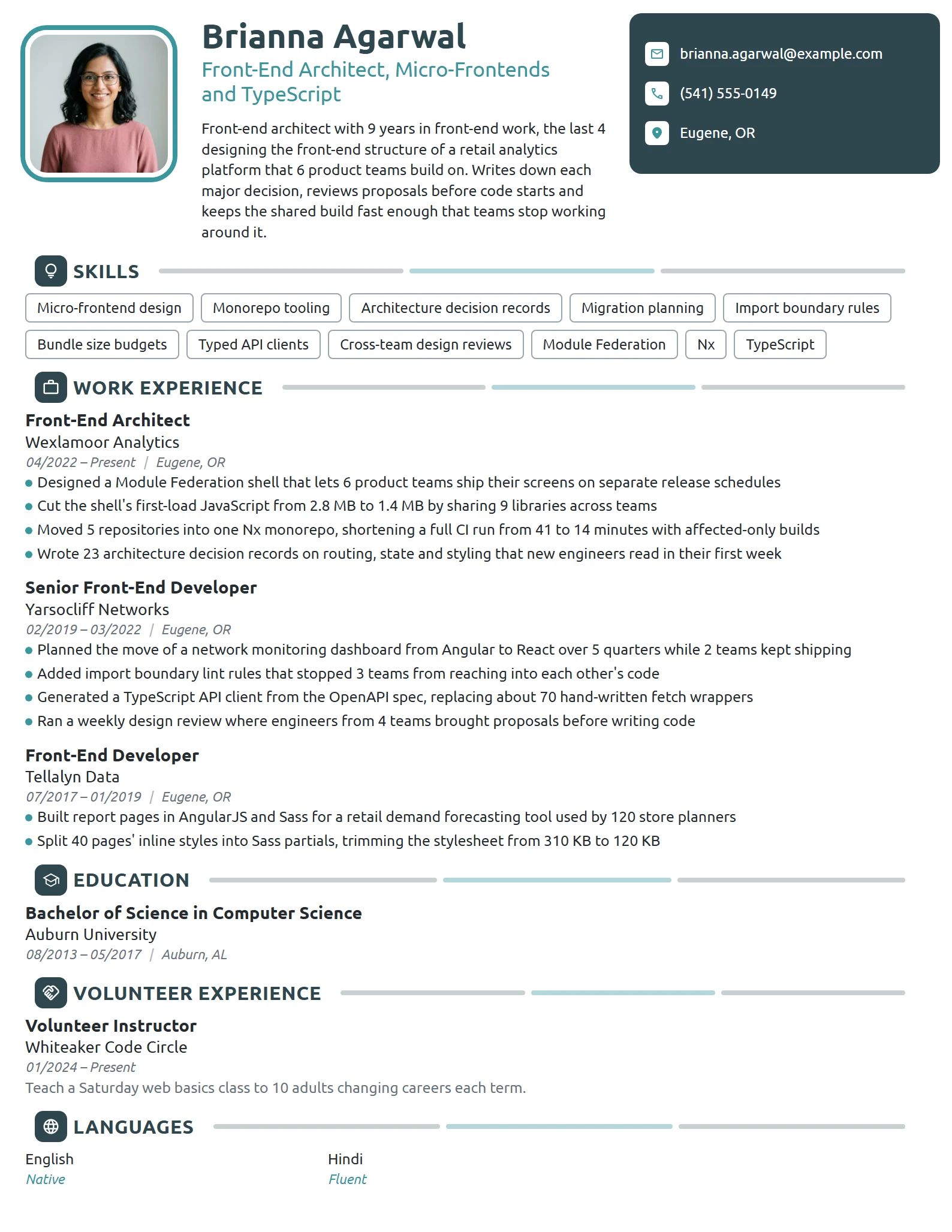 Front-End Architect resume example
