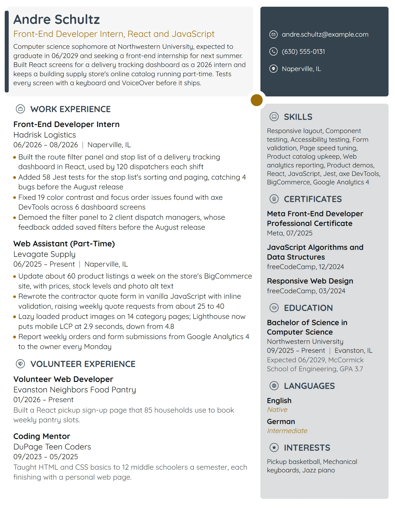 Front-End Developer Intern resume example