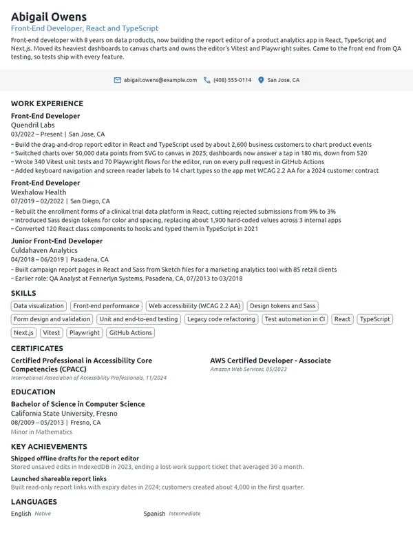 Front-End Developer resume example
