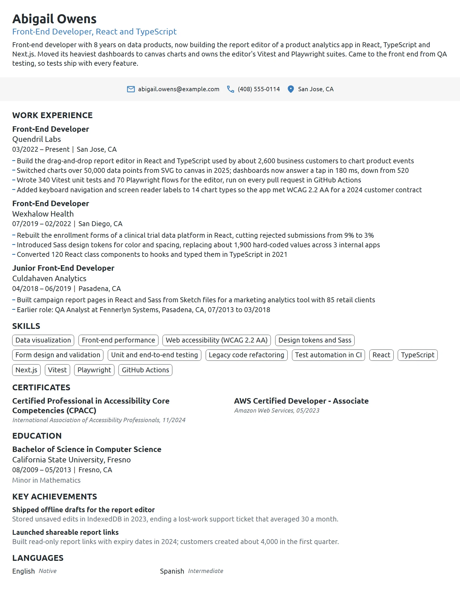 Front-End Developer resume example