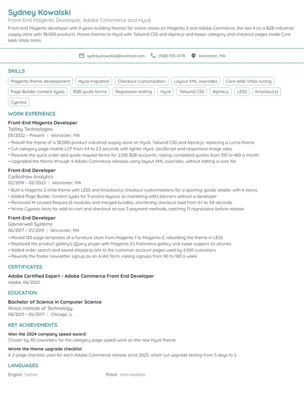 Front-End Magento Developer resume example
