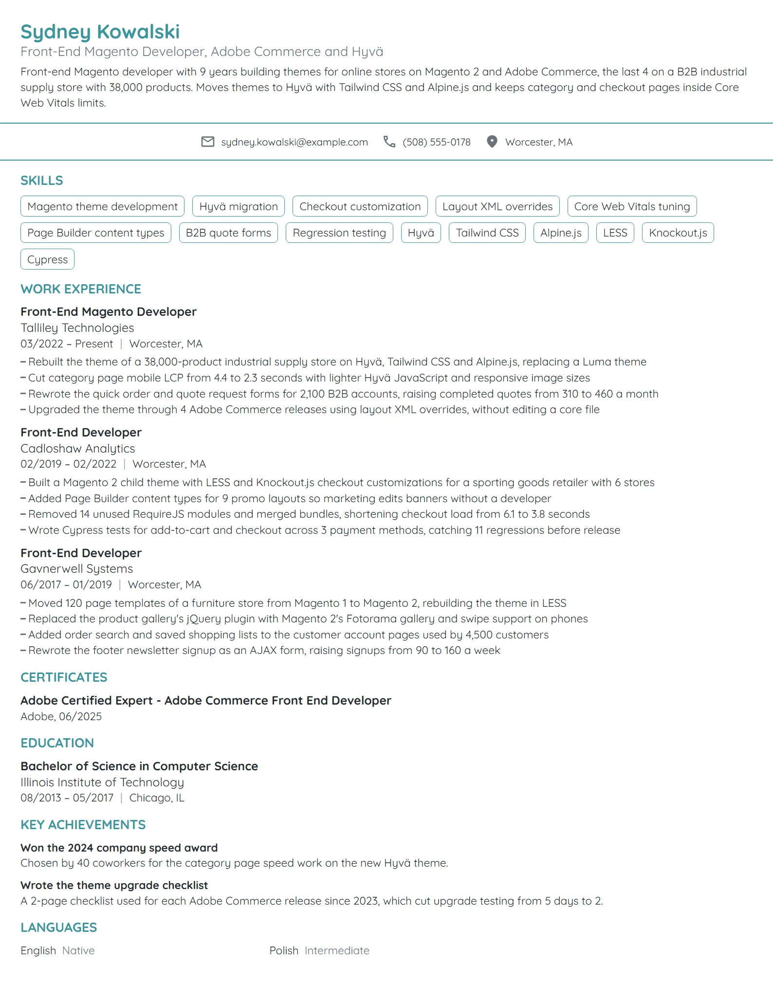 Front-End Magento Developer resume example