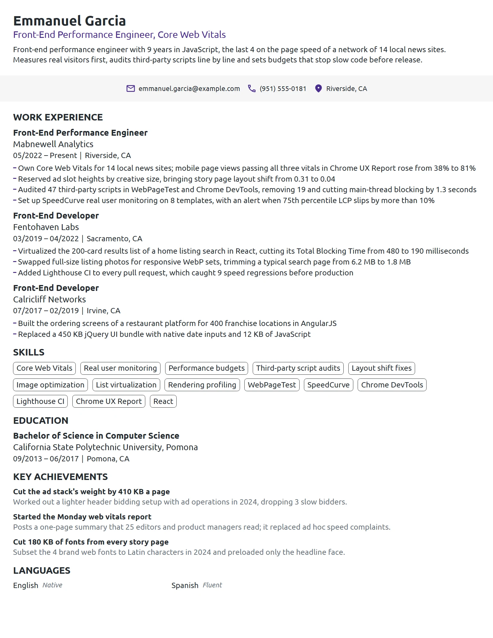 Front-End Performance Engineer resume example