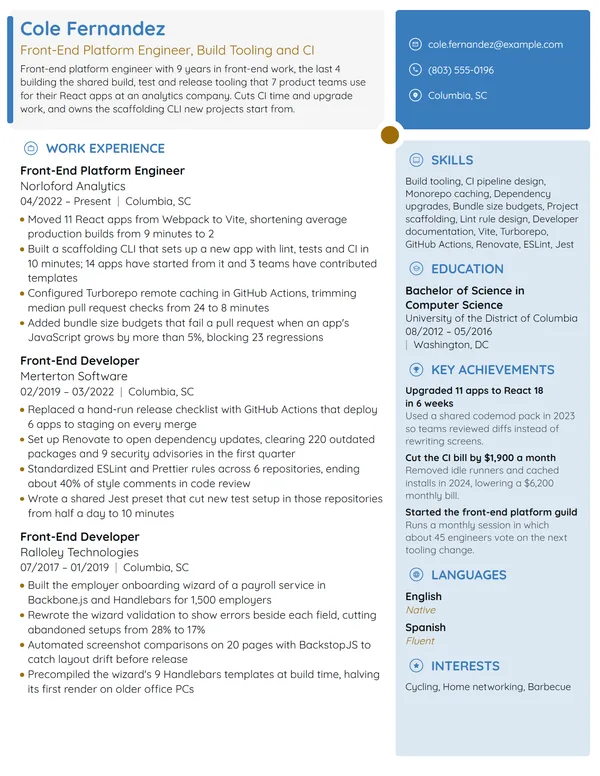 Front-End Platform Engineer resume example