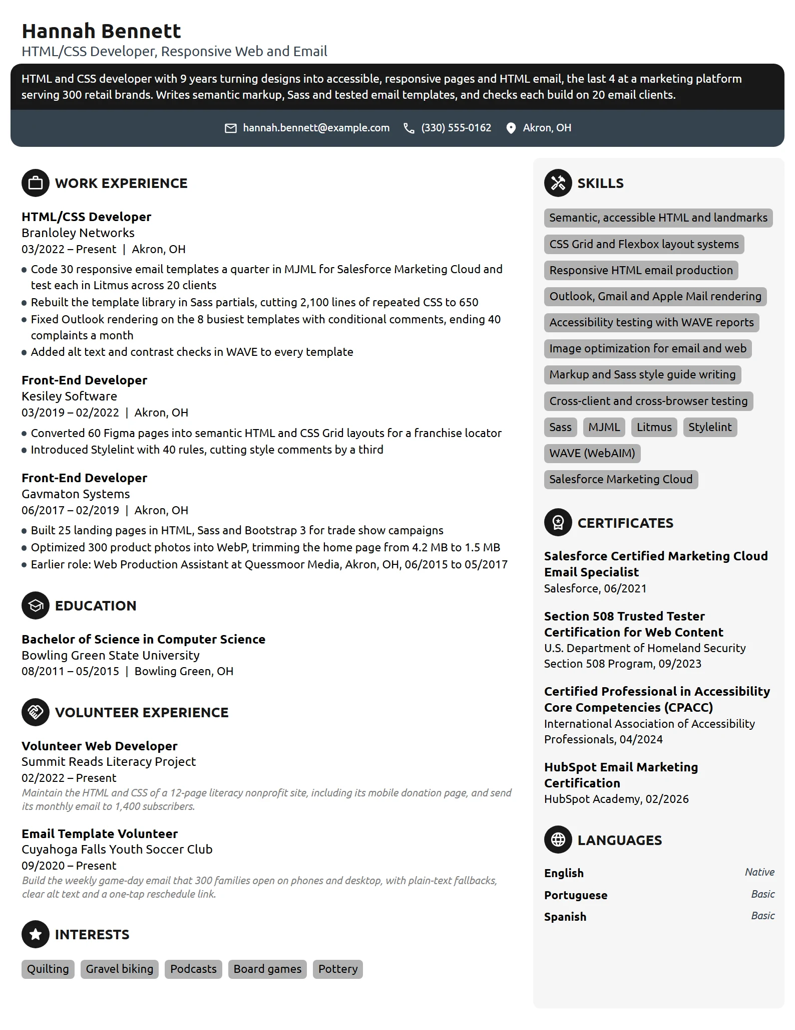 HTML/CSS Developer resume example