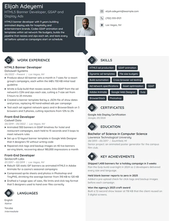HTML5 Banner Developer resume example