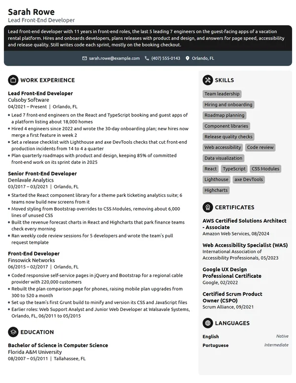 Lead Front-End Developer resume example