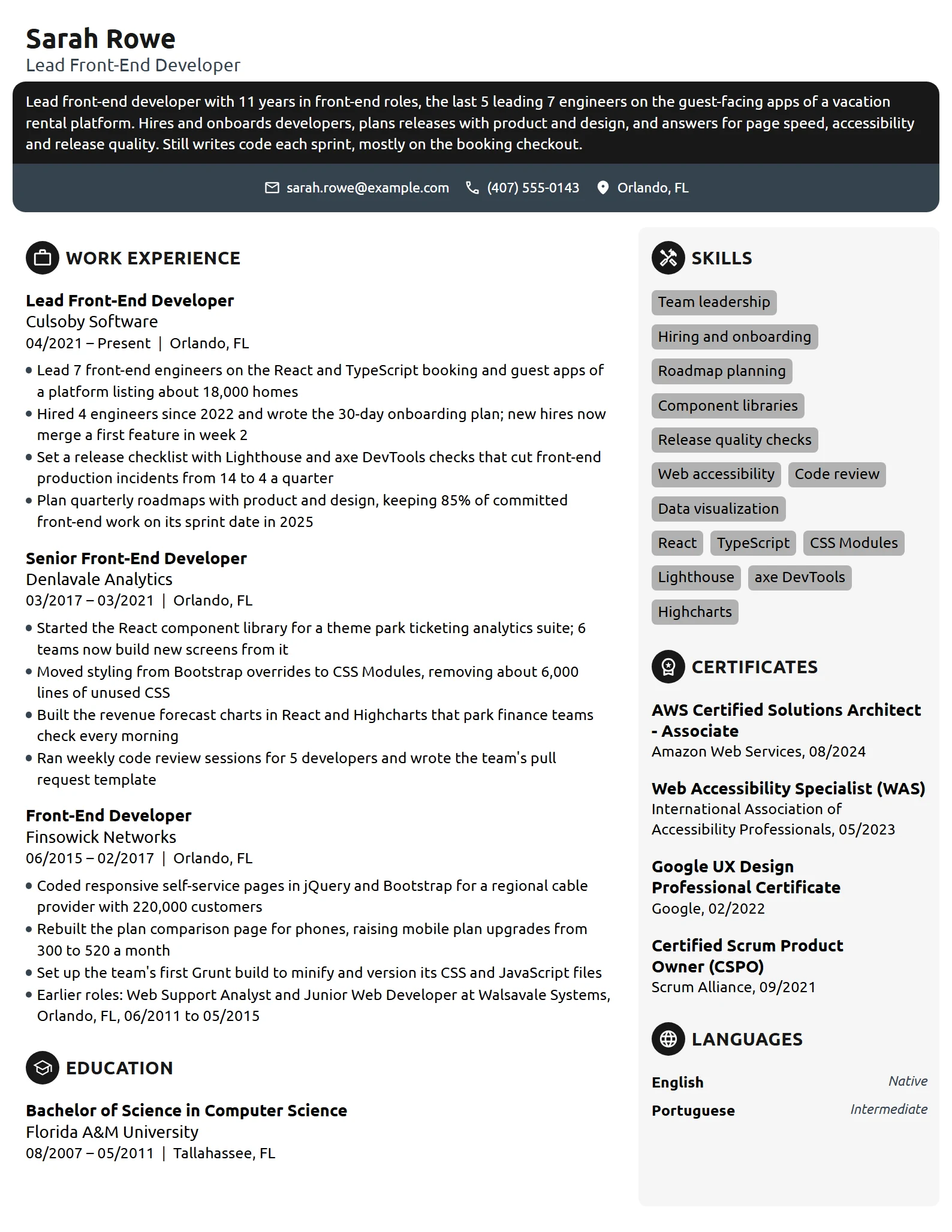 Lead Front-End Developer resume example