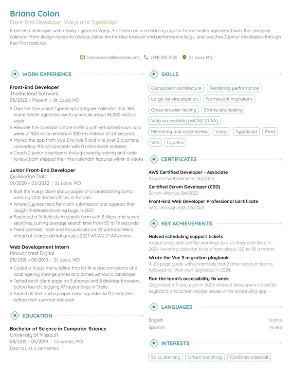 Mid-Level Front-End Developer resume example