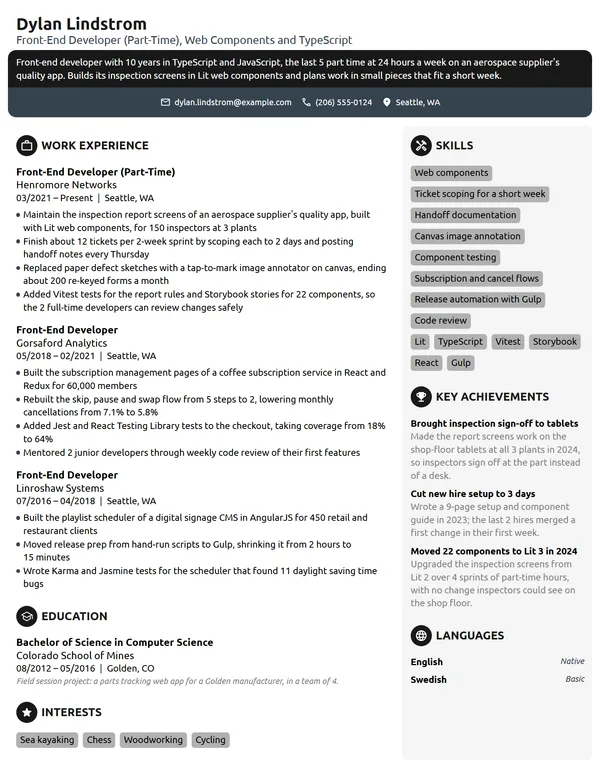 Part-Time Front-End Developer resume example