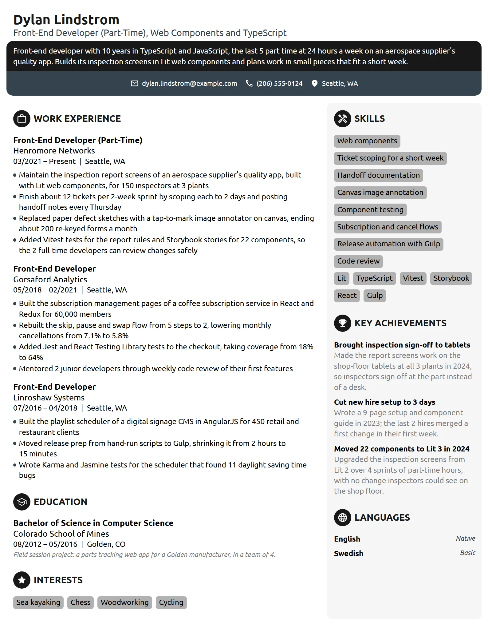 Part-Time Front-End Developer resume example