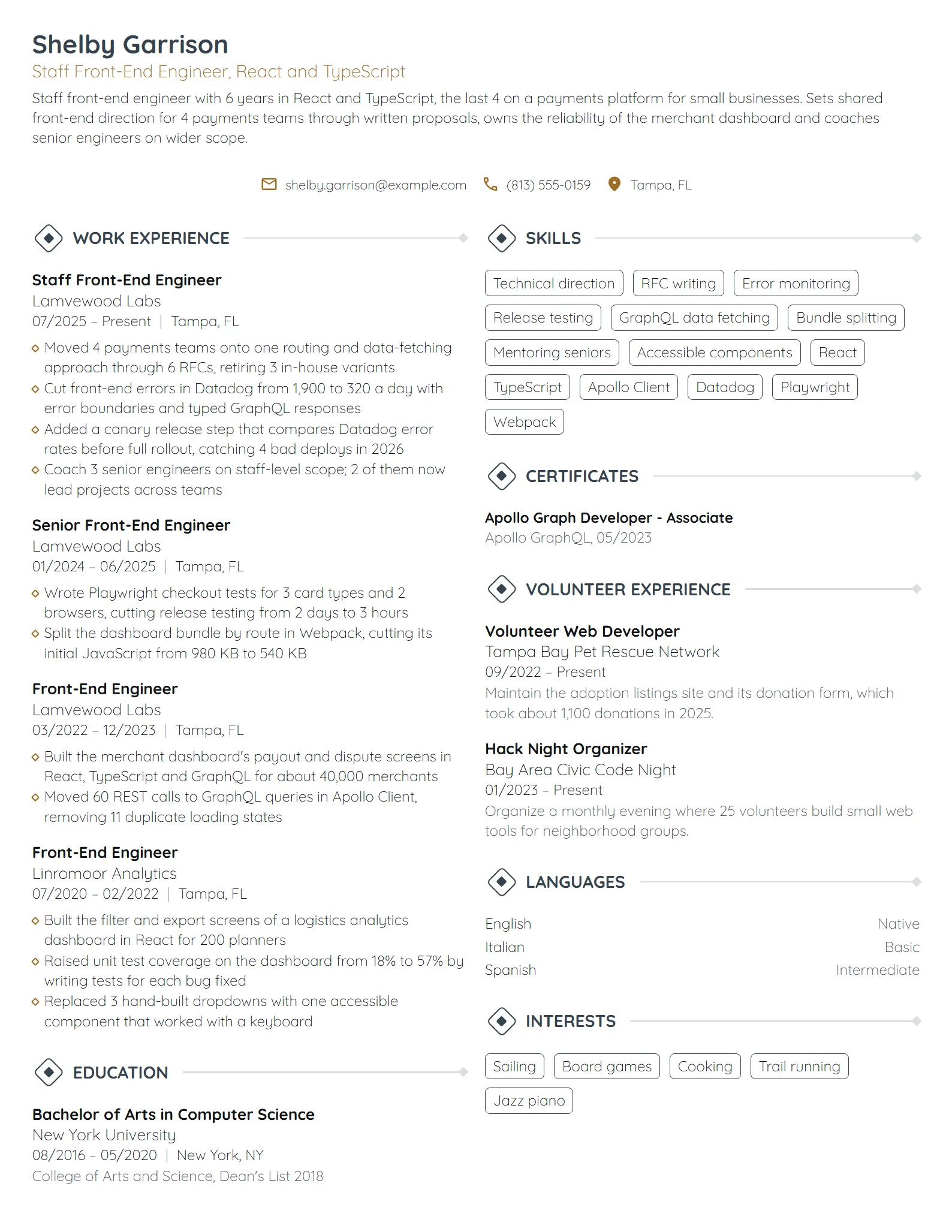 Staff Front-End Engineer resume example