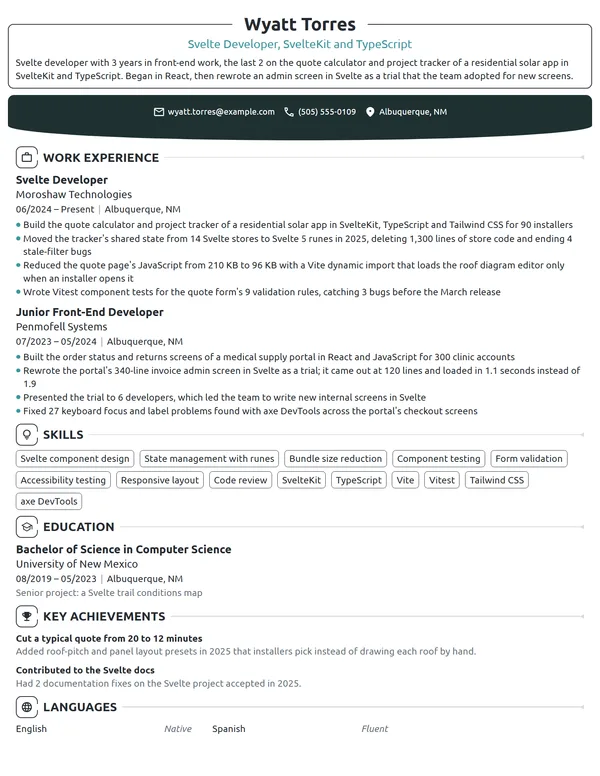 Svelte Developer resume example