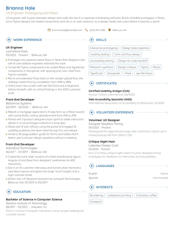 UX Engineer resume example