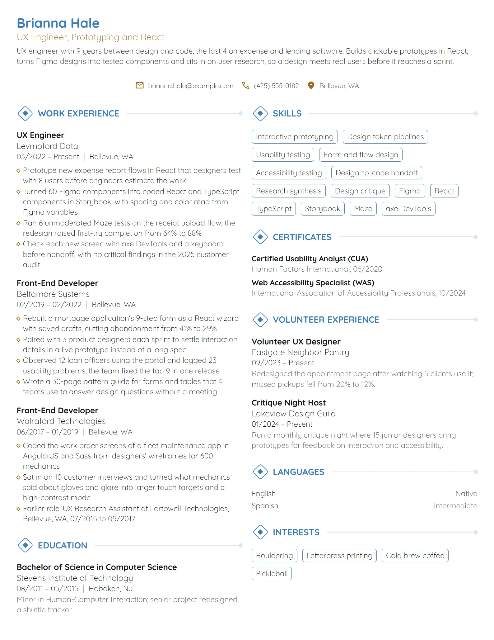 UX Engineer resume example