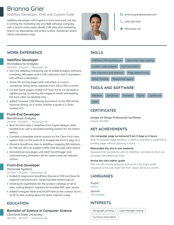 Webflow Developer resume example