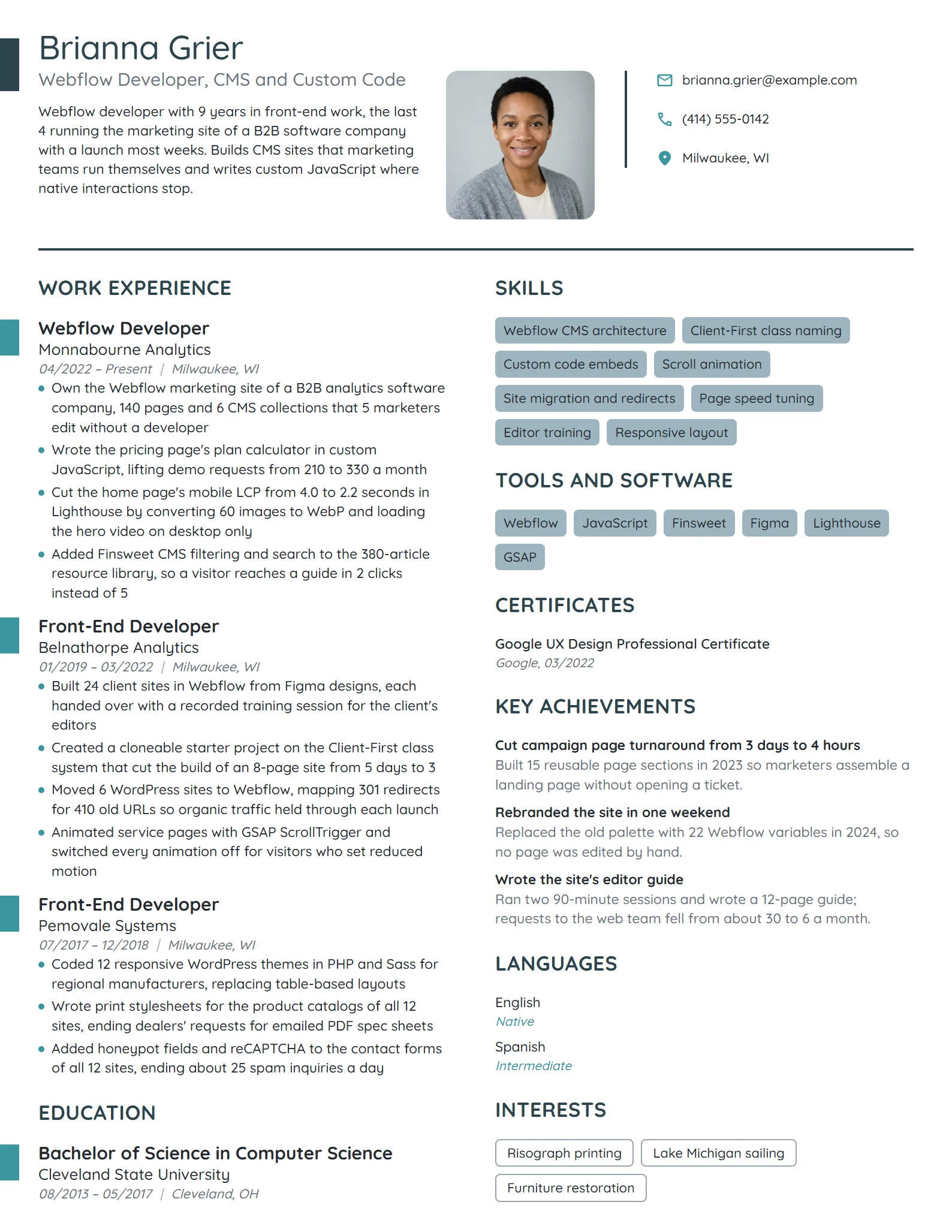 Webflow Developer resume example