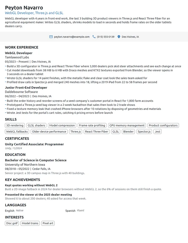 WebGL Developer resume example