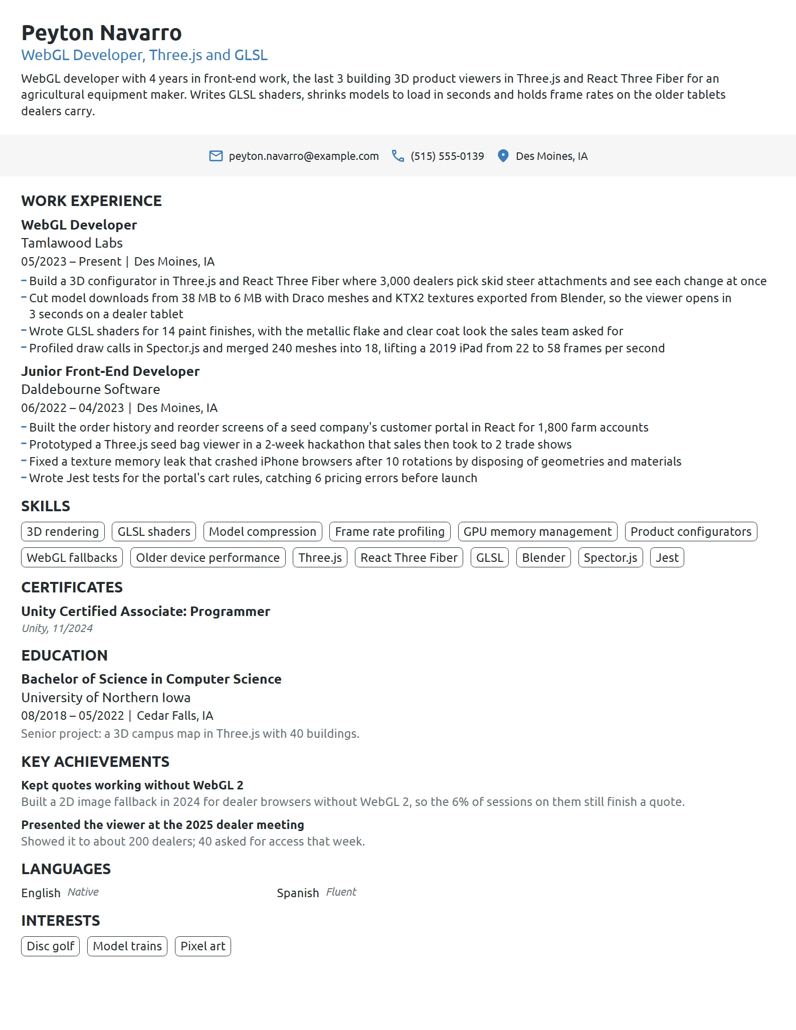 WebGL Developer resume example